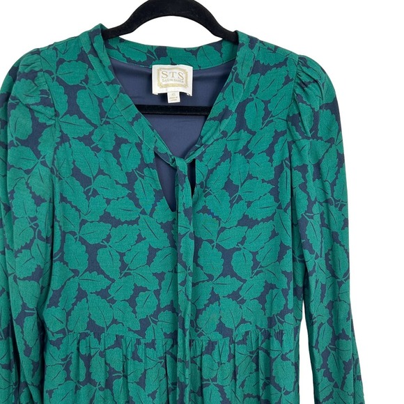 Sail to Sable Leaf Print Neck Tie Shift Dress Womens XS Green Blue - Picture 4 of 7